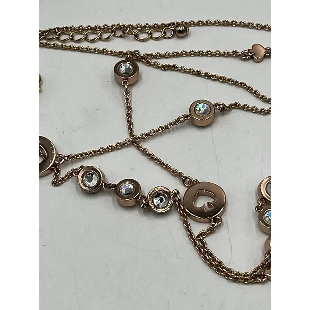 Kate Spade Spot The Spade Long Rose Gold Bezel Crystal Spade Station Necklace‎